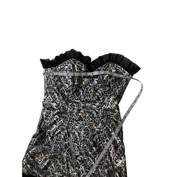 Strapless Black & Silver Damask Ruffled Hem Cocktail Dress Vintage Prom HOCO - Picture 9 of 11
